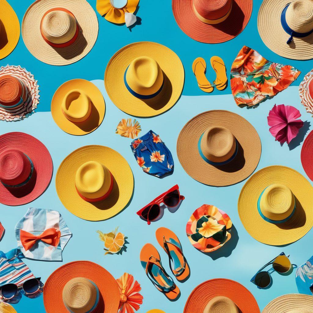 A vibrant collage showcasing the evolution of beachwear, featuring a timeline of styles from vintage swimsuits to modern trendy designs. Include elements like sun hats, sunglasses, and beach accessories scattered around, with a picturesque beach backdrop. The scene should have sunlight casting playful shadows, capturing the essence of summer. super-realistic. bright colors. summer vibes.